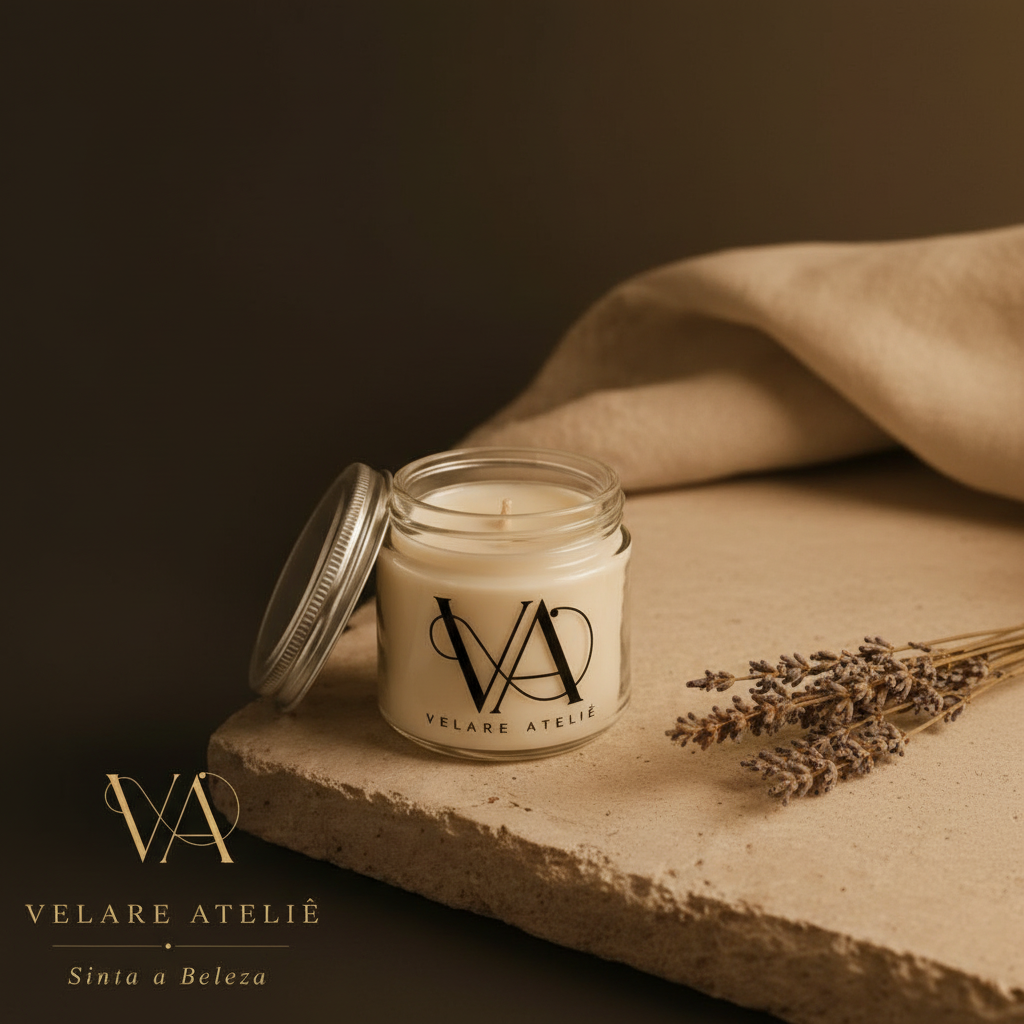 Vela Velare em pote de vidro com tampa metálica sobre pedra travertino, ramos de lavanda seca e fundo escuro