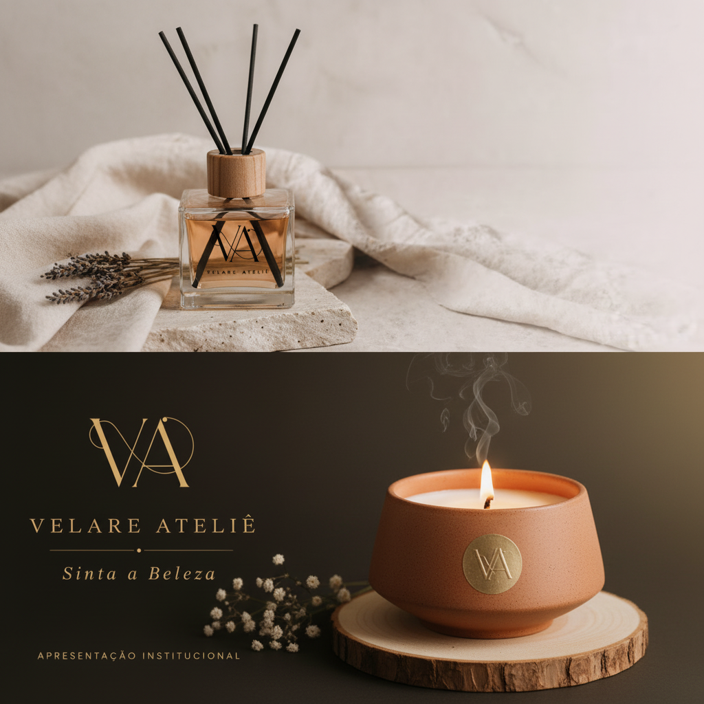 Composição institucional Velare — difusor de varetas em frasco de vidro sobre linho claro, e vela em cerâmica terracota com chama acesa e fumaça subindo