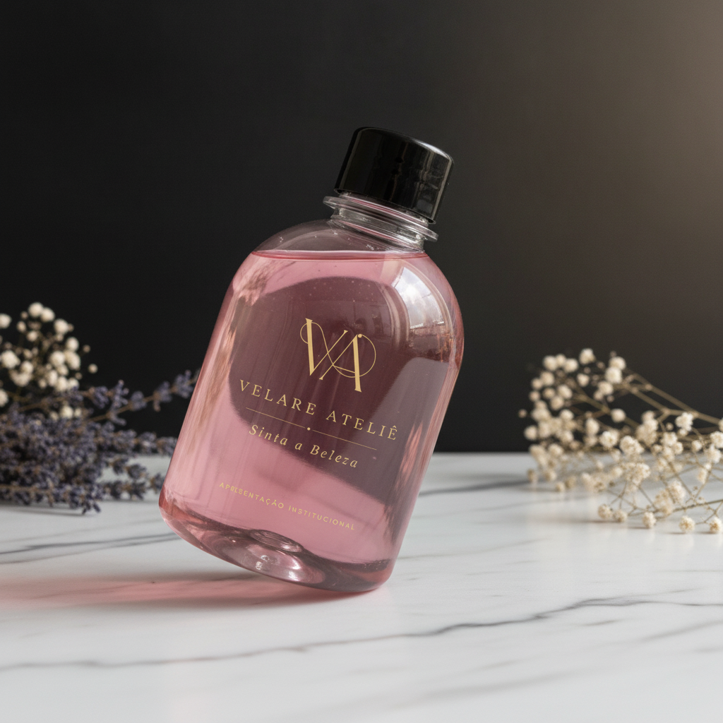 Home spray Velare em frasco de vidro com líquido rosé e gravação dourada VA, sobre mármore branco com lavanda seca e gypsophila