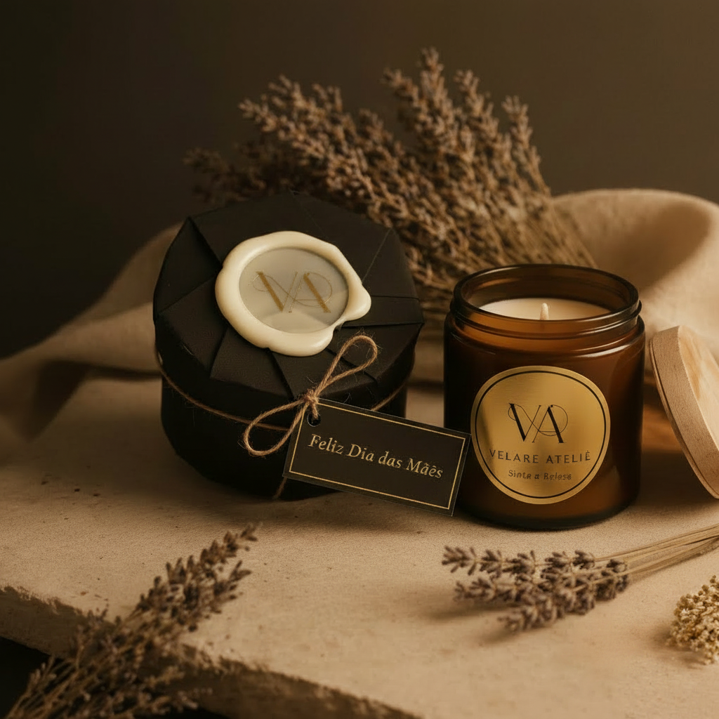 Embalagem Velare em caixa preta com selo de cera branca e etiqueta Feliz Dia das Mães, ao lado de vela em pote âmbar com etiqueta dourada VA