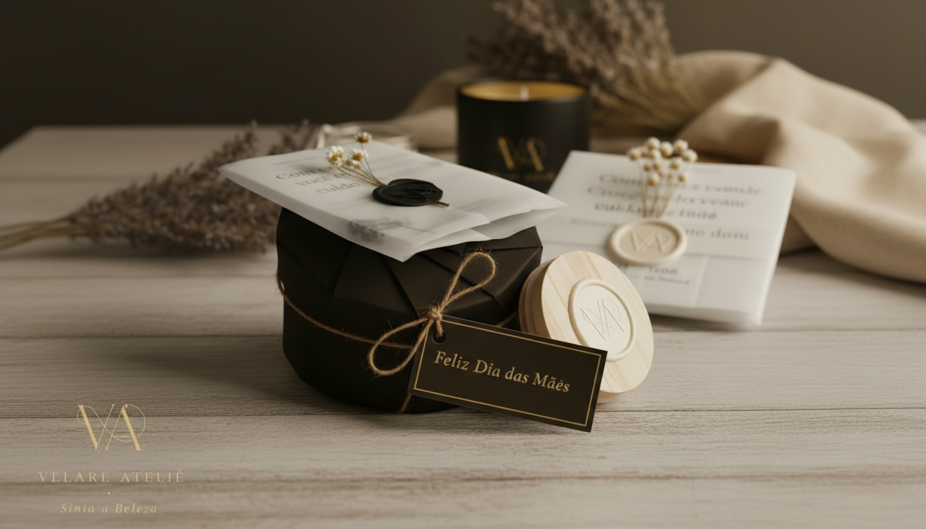 Papelaria Velare — caixa preta com selo de cera, cartão branco com lacre VA, etiqueta Feliz Dia das Mães e vela preta ao fundo