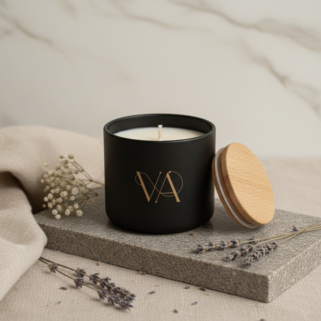 Vela Notte Nero em pote preto fosco com monograma VA dourado, tampa de madeira clara, lavanda e gypsophila sobre placa de concreto