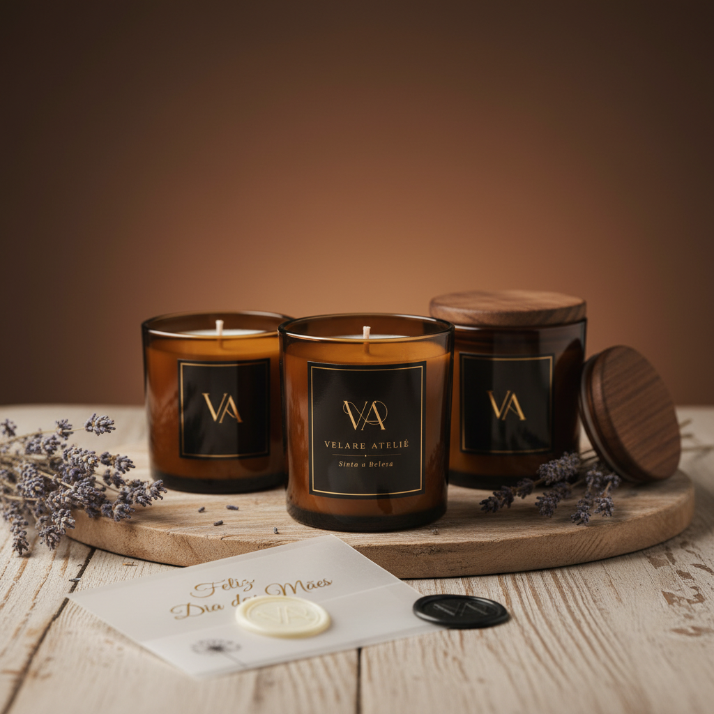 Trio de velas Velare em pote âmbar com etiqueta preta e dourada sobre tábua circular de madeira, lavanda e envelope Feliz Dia das Mães com selos de cera
