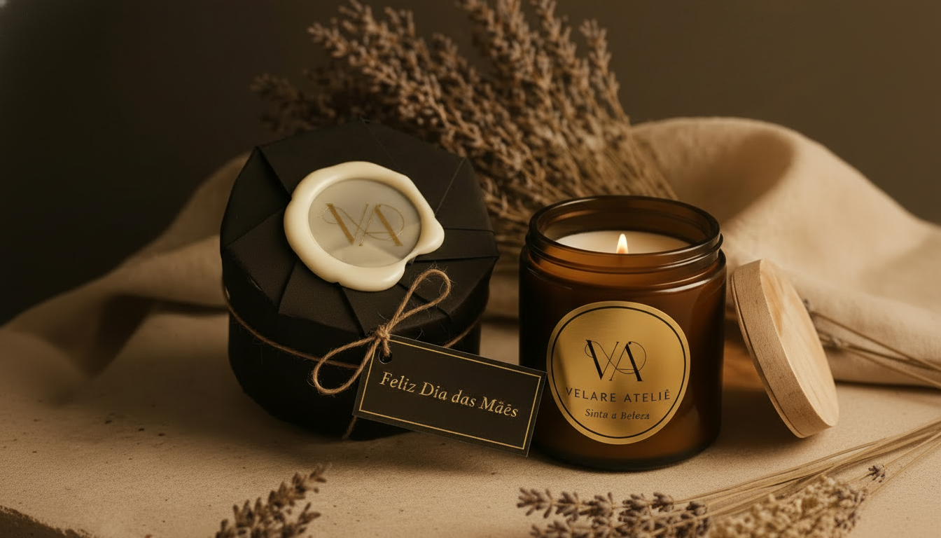 Conjunto presenteável Velare — caixa preta com selo de cera Feliz Dia das Mães e vela em pote âmbar com etiqueta dourada VA, lavanda seca e fundo bege