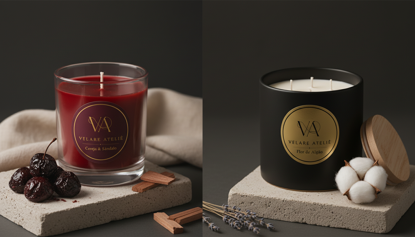 Díptico de velas Velare — Cereja & Sândalo em vidro vermelho à esquerda e Flor de Algodão em pote preto fosco à direita — sobre placas de pedra clara