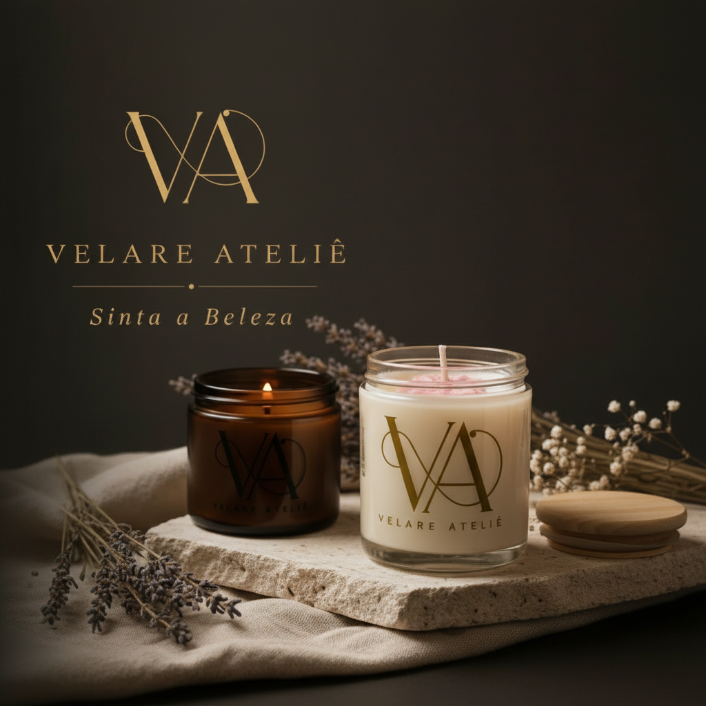 Logo VA dourado e dupla de velas Velare Ateliê — pote âmbar acesa e pote branco — sobre placa de travertino com lavanda seca